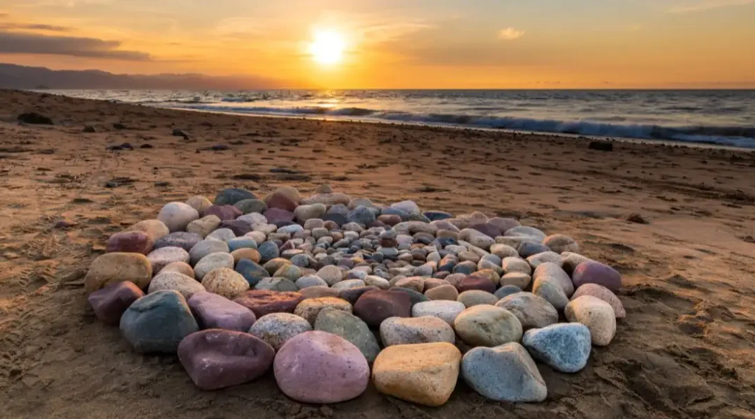 Zachód słońca i kamienie ułożone na plaży