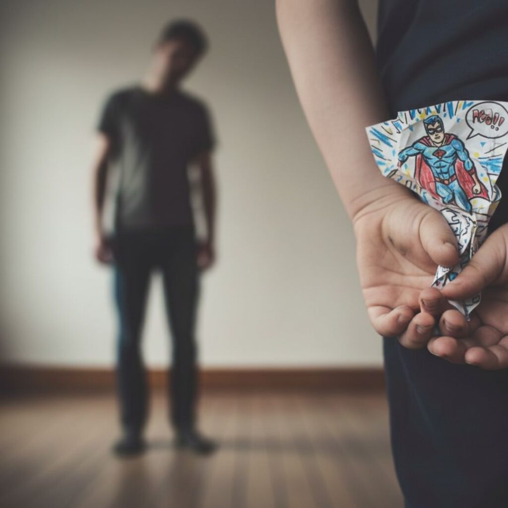 Zbliżenie na małe dłonie dziecka, które chowa za plecami kolorowy, żywy rysunek