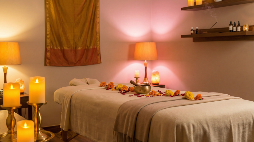 Estetyczne ujęcie wnętrza gabinetu do masażu z ciepłym światłem świec, kwiatami i misą tybetańską na stole, tworzące atmosferę głębokiego spokoju i uważności.