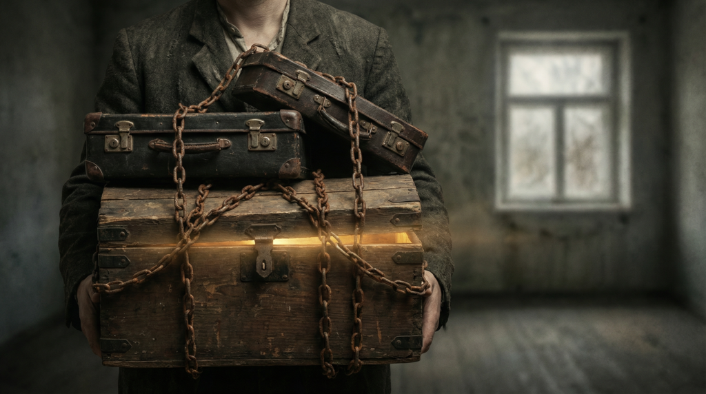 Symboliczna grafika przedstawiająca postać trzymającą ciężkie, stare walizki owinięte łańcuchami, z których wydobywa się delikatne, wewnętrzne światło nadziei.