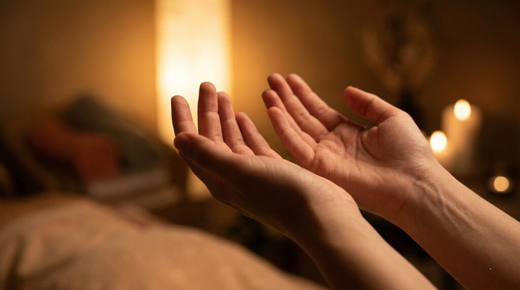 Zbliżenie dłoni uniesionych w geście otwartości, miękkie złote światło, tło rozmyte, nastrojowe